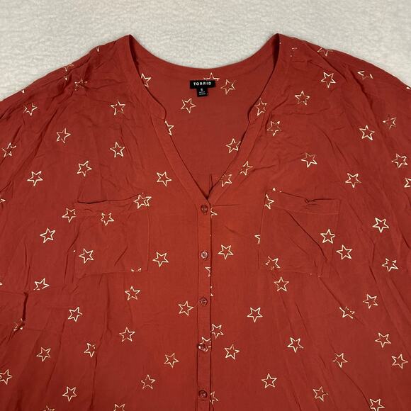 Torrid Size 6X Harper Challis Button-Front Dolman Sleeve Top Blouse Stars Orange - Picture 2 of 8